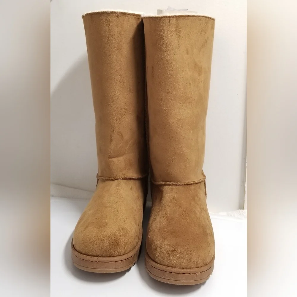 Suede Leather & Fur Lined Tall Boot Triple Bow Caramel Brown Sz 9 NWOT